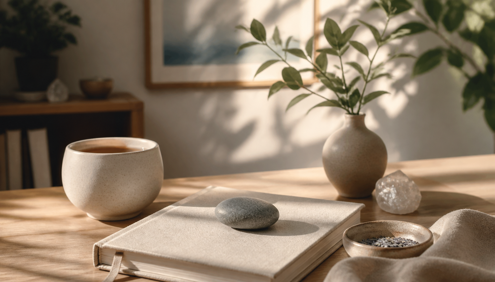 Calming emotional regulation tools on a therapy office desk with tea, journal, grounding stone, and plant shadows