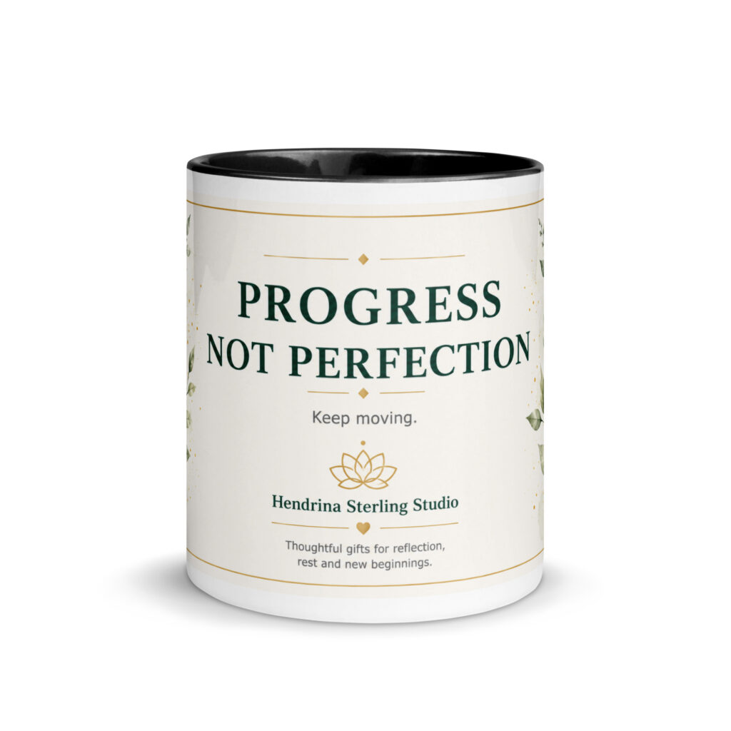 Black ceramic mug with colorful interior printed with the Progress Not Perfection design